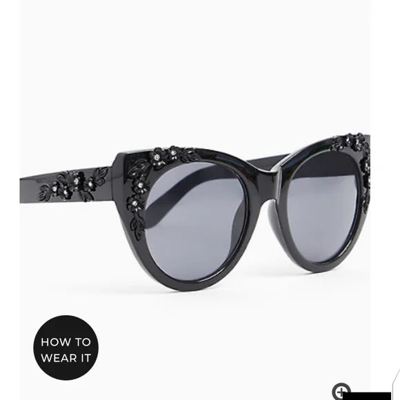 ๐ BLACK FLORAL RHINESTONE CAT EYE SUNGLASSES - Picture 5 of 7